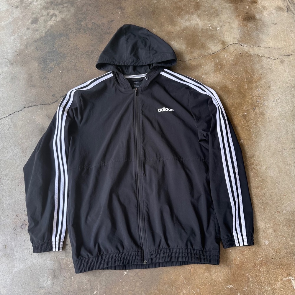 Adidas Windbreaker Mens Large Black Excellent 3-Stripe Hooded Full Zip Jacket